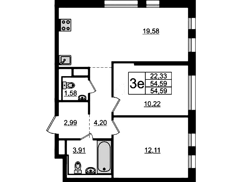 2-комнатная квартира 54.59 м², 2/12 эт., ЖК «Новые Лаврики»